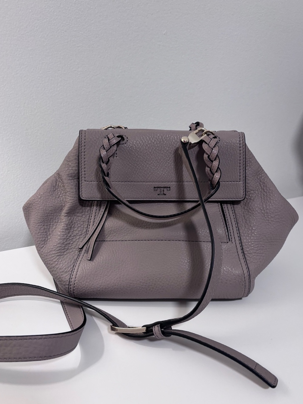 Tory Burch Taupe Leather Satchel with Top Handle removable strap gold hardware